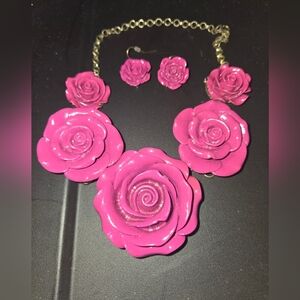 Pink Rose Necklace and Earring Set